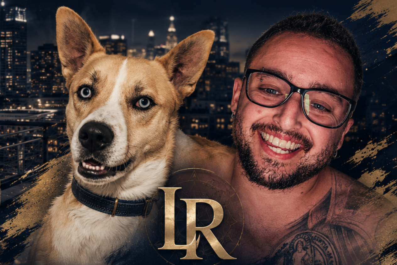 Levi and his dog with a nighttime city backdrop and LR emblem