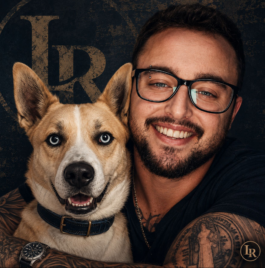 Levi smiling with his dog in a Levi Reforged channel portrait