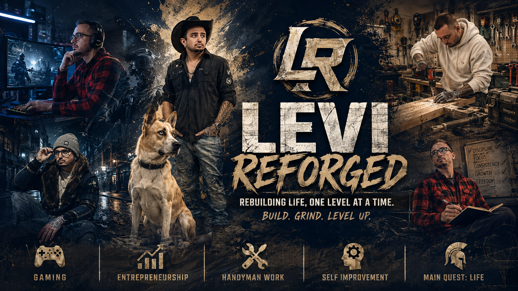 Levi Reforged channel artwork: gaming, building, and life with his dog. Rebuilding life, one level at a time.